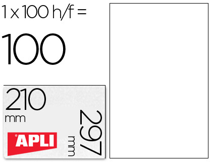 ETIQUETA ADHESIVA APLI 1281 210X297 MM FOTOCOPIADORA LASER INK-JET CAJA CON 100 HOJAS DIN A4