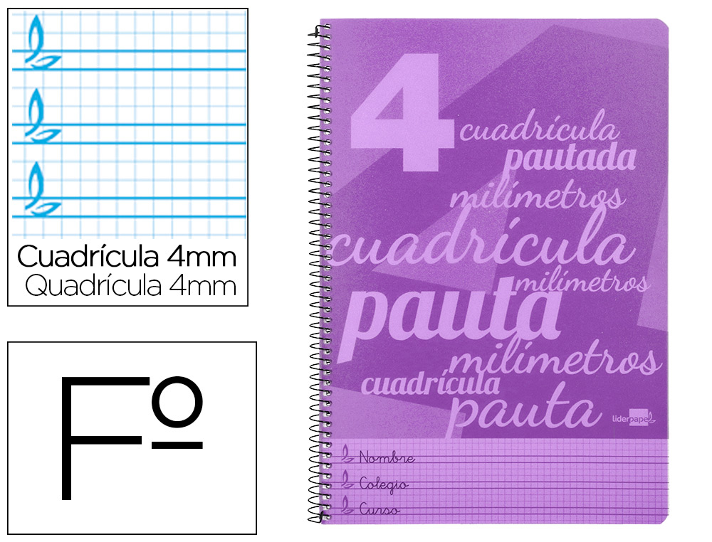 CUADERNO ESPIRAL LIDERPAPEL FOLIO PAUTAGUIA TAPA PLASTICO 80H 75GR CUADRO PAUTADO 4MM CON MARGEN COLOR VIOLETA