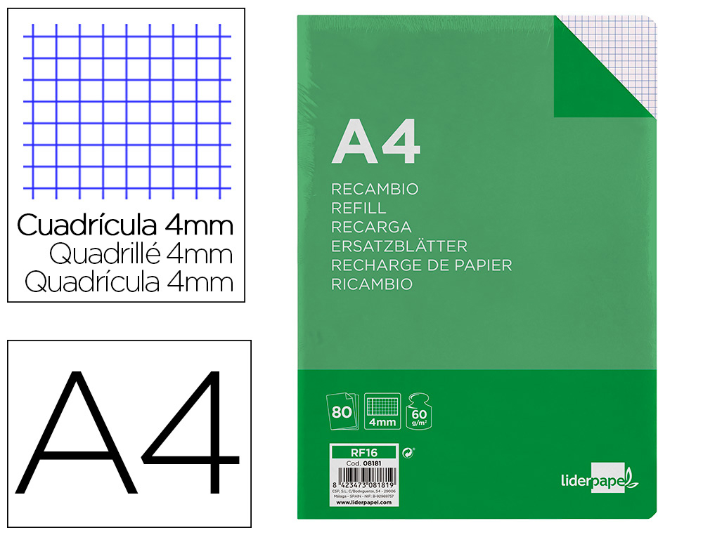 RECAMBIO LIDERPAPEL A4 80 HOJA 60G/M2 CUADRO 4 MM CON MARGEN 4 TALADROS