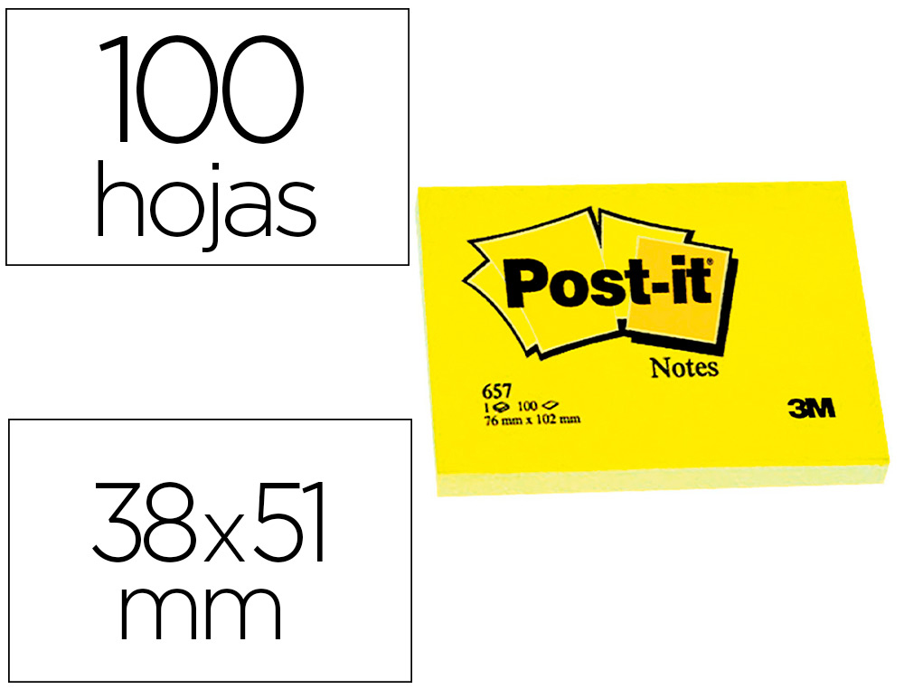 BLOC DE NOTAS ADHESIVAS QUITA Y PON POST-IT 38X51 MM CON 100 HOJAS 653E