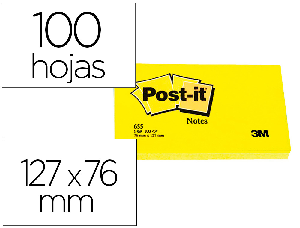 BLOC DE NOTAS ADHESIVAS QUITA Y PON POST-IT 76X127 MM CON 100 HOJAS 655