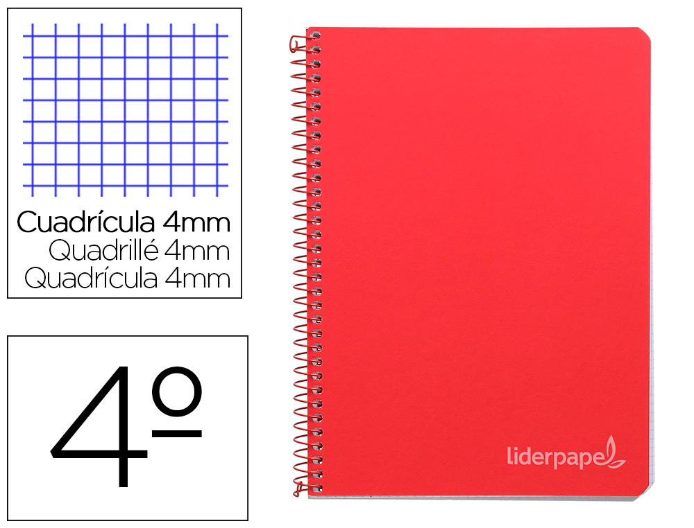 CUADERNO ESPIRAL LIDERPAPEL CUARTO WITTY TAPA DURA 80H 75GR CUADRO 4MM CON MARGEN COLOR ROJO