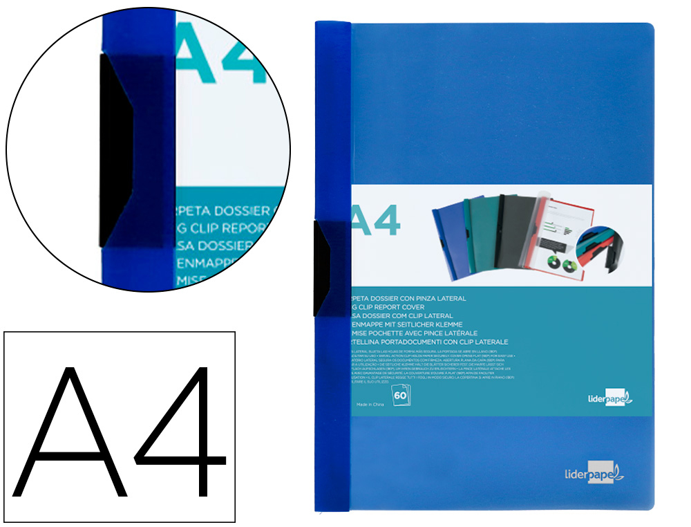 CARPETA LIDERPAPEL DOSSIER PINZA LATERAL POLIPROPILENO DIN A4 AZUL TRANSLUCIDO 60 HOJAS PINZA DESLIZANTE