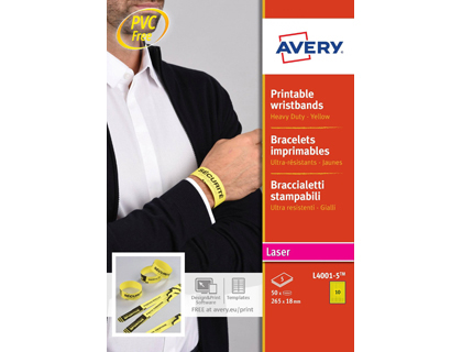 PULSERA IDENTIFICATIVA AVERY POLIETILENO AMARILLO FLUORESCENTE IMPRIMIBLE LASER 265X18 MM PACK DE 50 UNIDADES