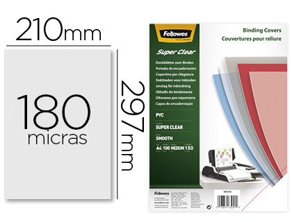 TAPA DE ENCUADERNACION FELLOWES DIN A4 PVC TRANSPARENTE CRISTAL 180 MICRAS PACK DE 100 UNIDADES