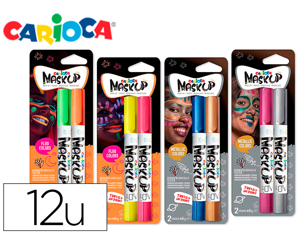 BARRA DE MAQUILLAJE CARIOCA MASK UP NEON / METALLIC EXPOSITOR 12 BLISTER DE 2 BARRAS COLORES SURTIDOS