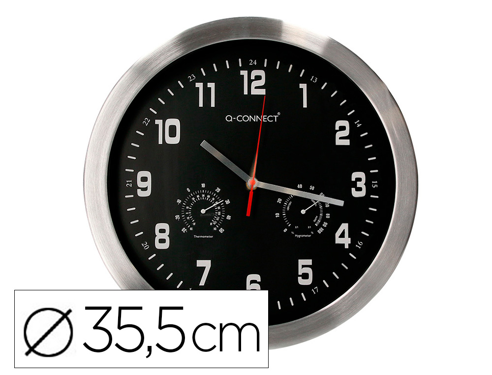 RELOJ Q-CONNECT DE PARED METALICO REDONDO 35,5 CM MOVIMIENTO SILENCIOSO COLOR CROMADO CON ESFERA NEGRA