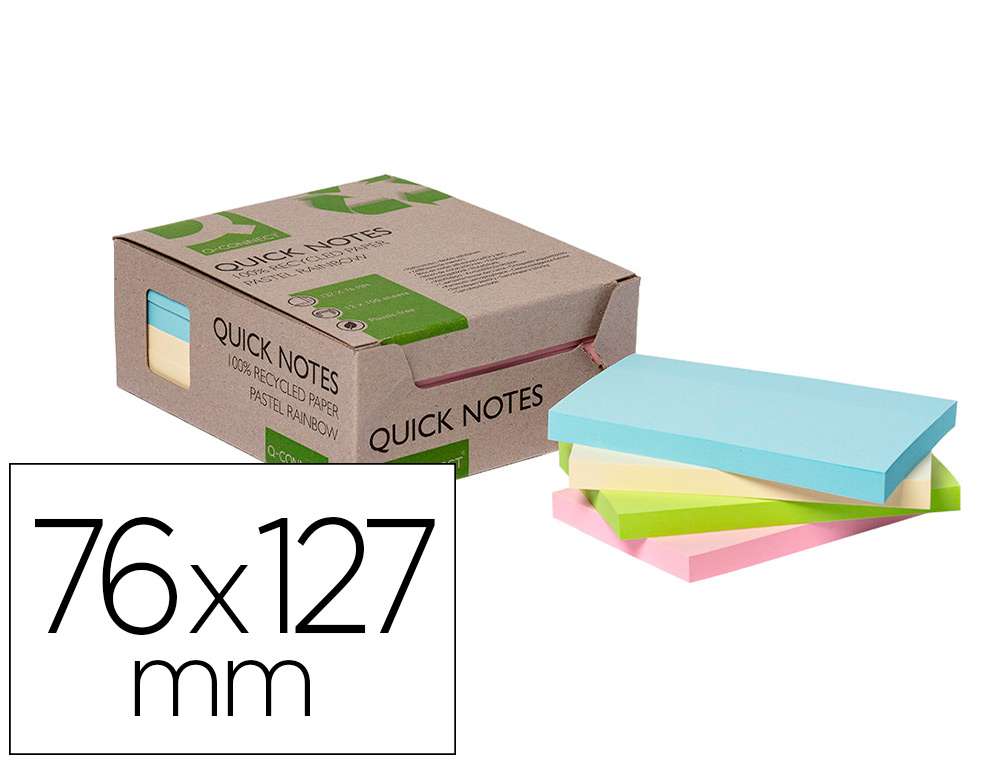 BLOC DE NOTAS ADHESIVAS QUITA Y PON Q-CONNECT 76X127 MM 100% PAPEL RECICLADO COLORES PASTELES EN CAJA DE CARTON