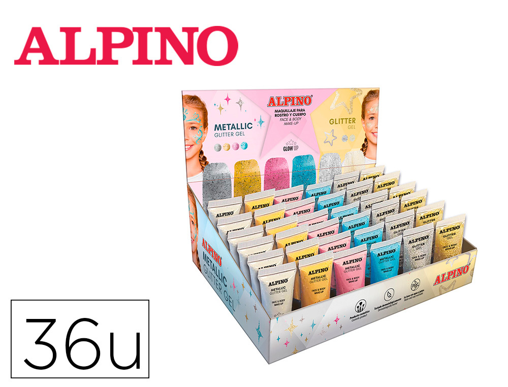 EXPOSITOR ALPINO GEL MAQUILLAJE 24 GLITTTER GEL METALICO + 12 GLITTER GEL