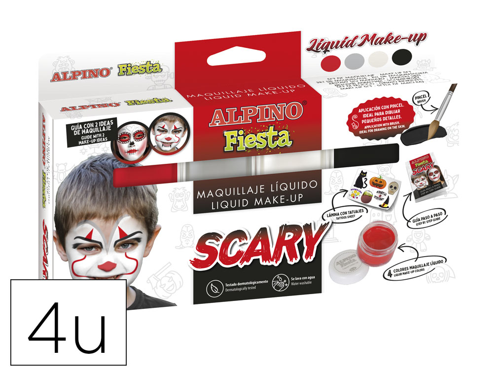 BARRA DE MAQUILLAJE ALPINO SCARY CAJA DE 4 COLORES SURTIDOS + PINCEL + FOLLETO