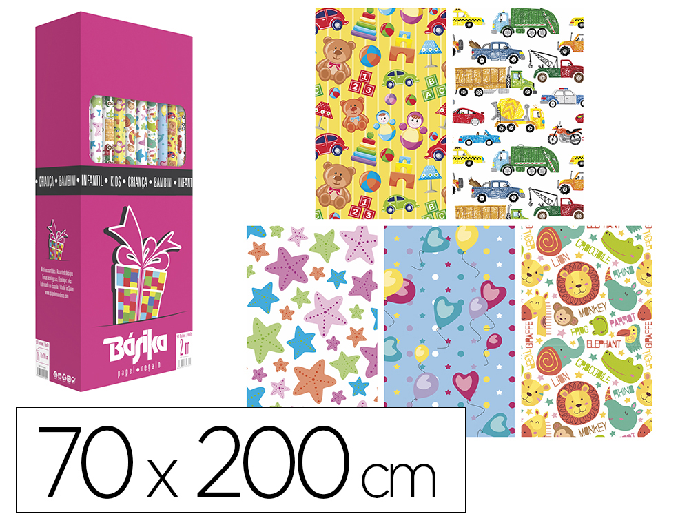 PAPEL DE REGALO BASIKA INFANTIL ROLLO ANCHO 70 CM LONGITUD 2 M DISEOS SURTIDOS GRAMAJE 60 GR