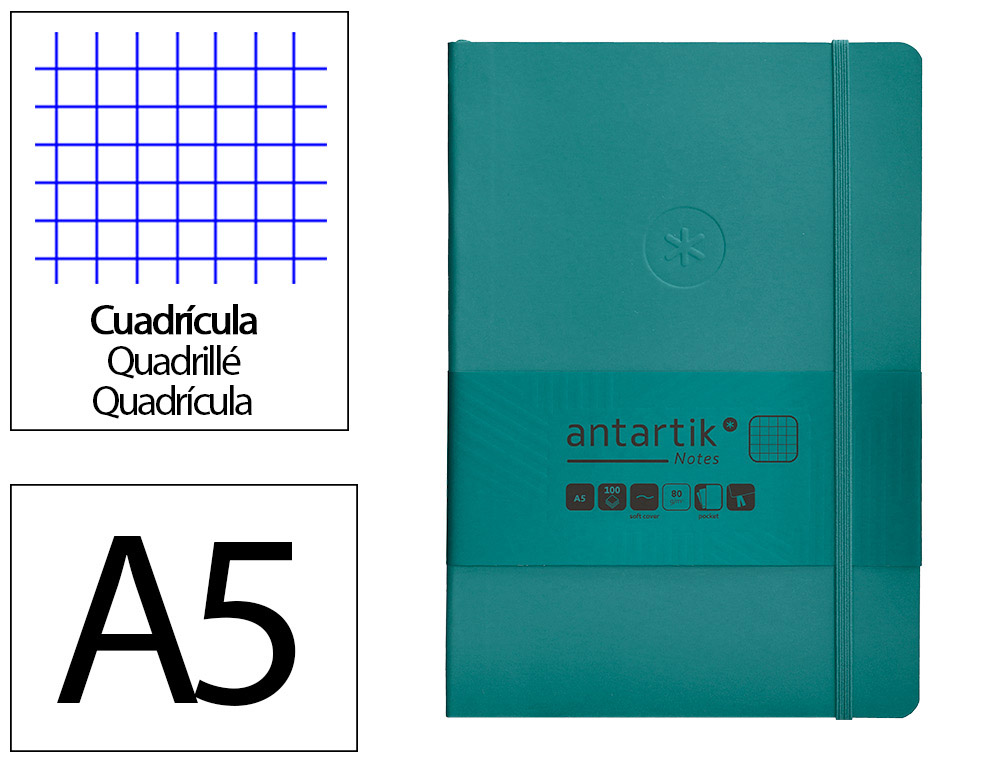 CUADERNO CON GOMILLA ANTARTIK NOTES TAPA BLANDA A5 HOJAS CUADRICULA VERDE AGUAMARINA 80 HOJAS 80 GR FSC