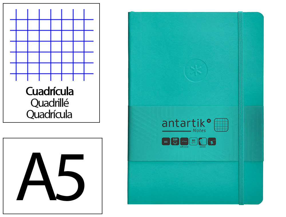 CUADERNO CON GOMILLA ANTARTIK NOTES TAPA BLANDA A5 HOJAS CUADRICULA TURQUESA 80 HOJAS 80 GR FSC