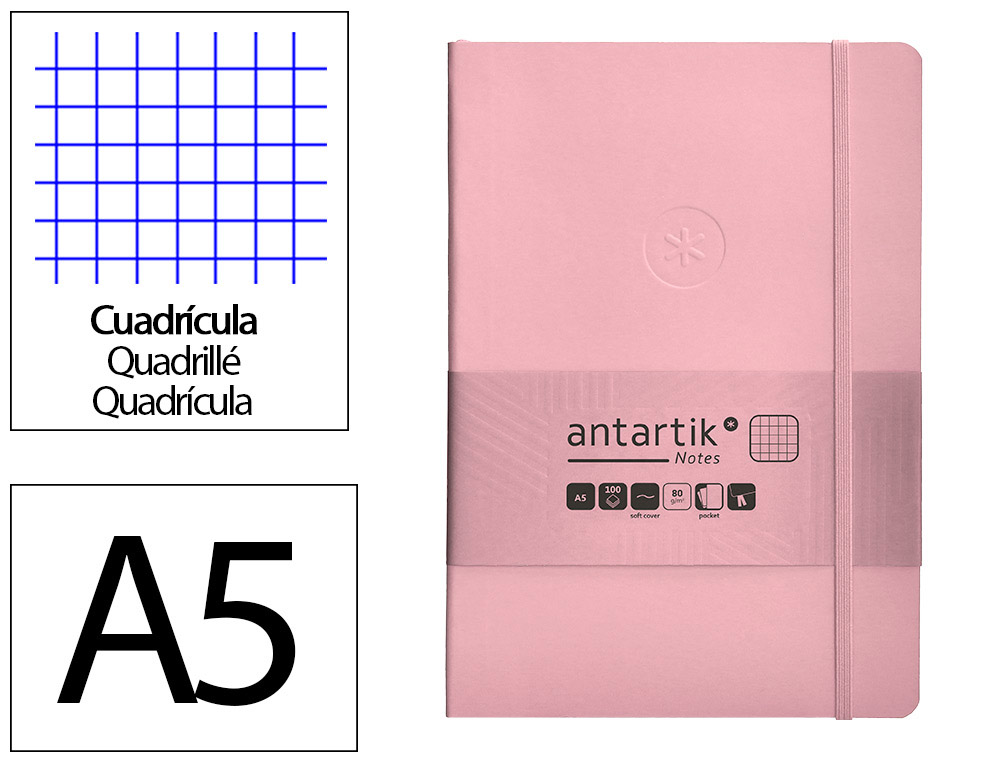 CUADERNO CON GOMILLA ANTARTIK NOTES TAPA BLANDA A5 HOJAS CUADRICULA ROSA PASTEL 80 HOJAS 80 GR FSC