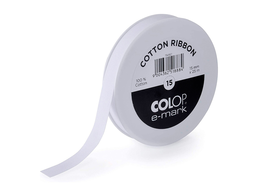 CINTA ALGODON COLOP ANCHO 15 MM PARA IMPRESORA E-MARK ROLLO DE 25 MT