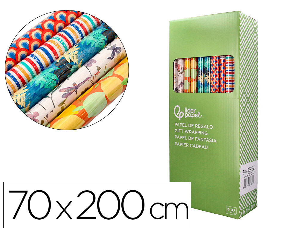 PAPEL DE REGALO LIDERPAPEL TODO AO ROLLO ANCHO 70 CM LONGITUD 2 MT GRAMAJE 60 GR DISEOS SURTIDOS B-2024