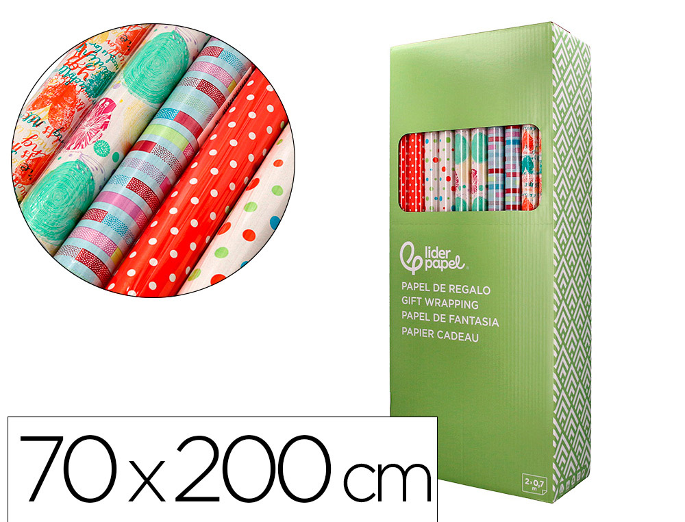 PAPEL DE REGALO LIDERPAPEL TODO AO ROLLO ANCHO 70 CM LONGITUD 2 MT GRAMAJE 60 GR DISEOS SURTIDOS C-2024