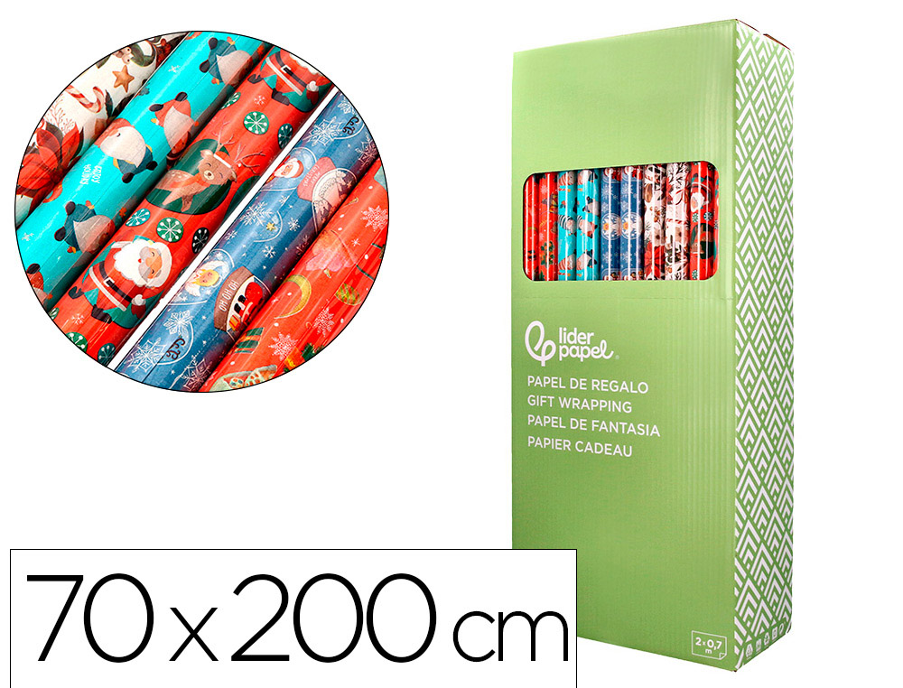 PAPEL DE REGALO LIDERPAPEL NAVIDAD ROLLO ANCHO 70 CM LONGITUD 2 MT GRAMAJE 60 GR DISEOS SURTIDOS C-2024