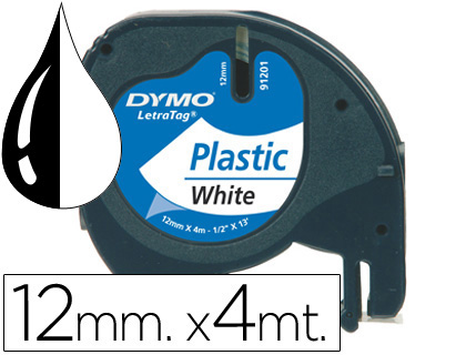 CINTA DYMO PLASTICO 12MMX4MT NEGRO/BLANCO PERLA PARA MAQUINA LETRATAG 91201