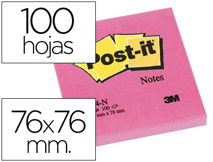 BLOC DE NOTAS ADHESIVAS QUITA Y PON POST-IT 76X76 MM FUCSIA NEON CON 100 HOJAS