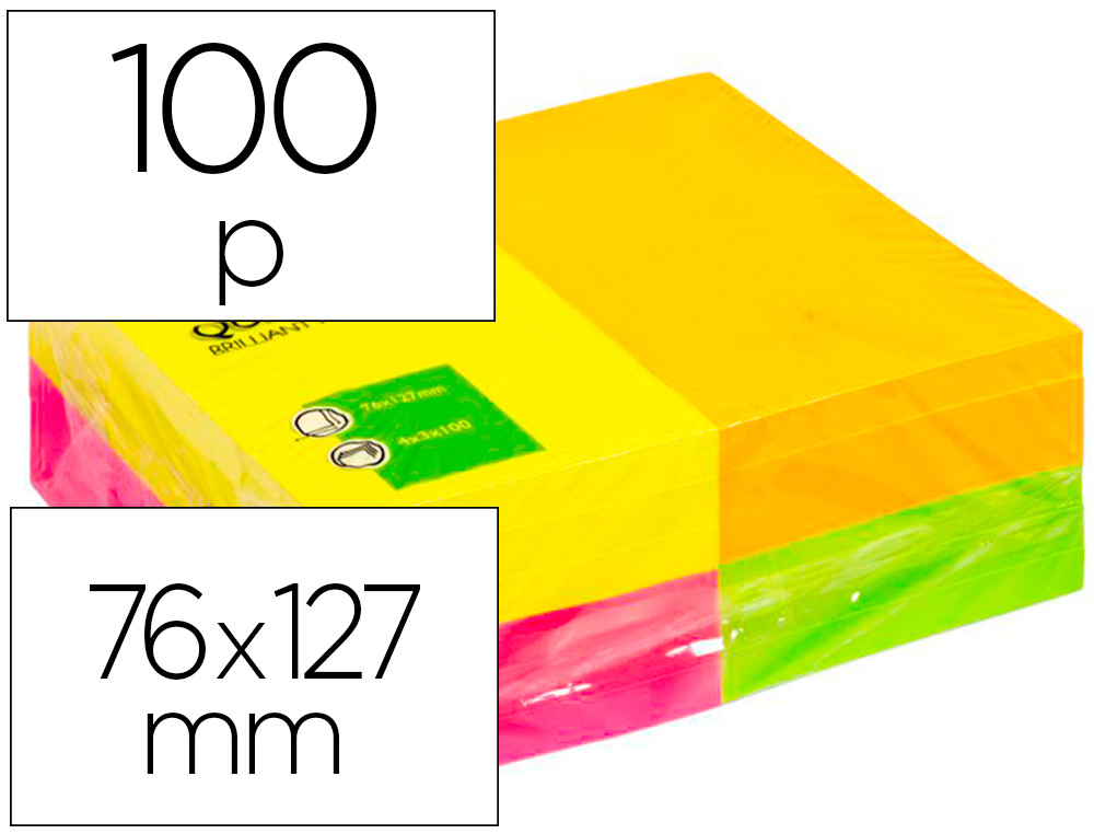 BLOC DE NOTAS ADHESIVAS QUITA Y PON Q-CONNECT 127X76 MM FSC 100 HOJAS FLUORESCENTES PACK DE 12 -SURTIDAS EN 4 COLORES