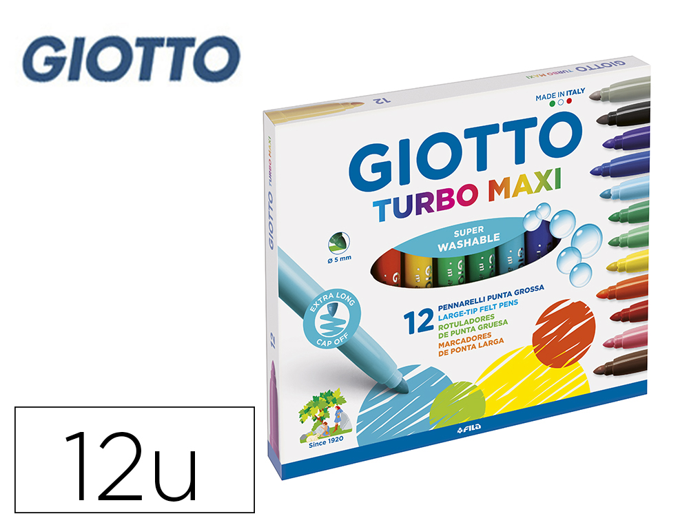 ROTULADOR GIOTTO TURBO MAXI CAJA DE 12 COLORES LAVABLES CON PUNTA BLOQUEADA