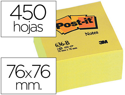 BLOC DE NOTAS ADHESIVAS QUITA Y PON POST-IT 76X76X45 MM CUBO COLOR AMARILLO 450 HOJAS