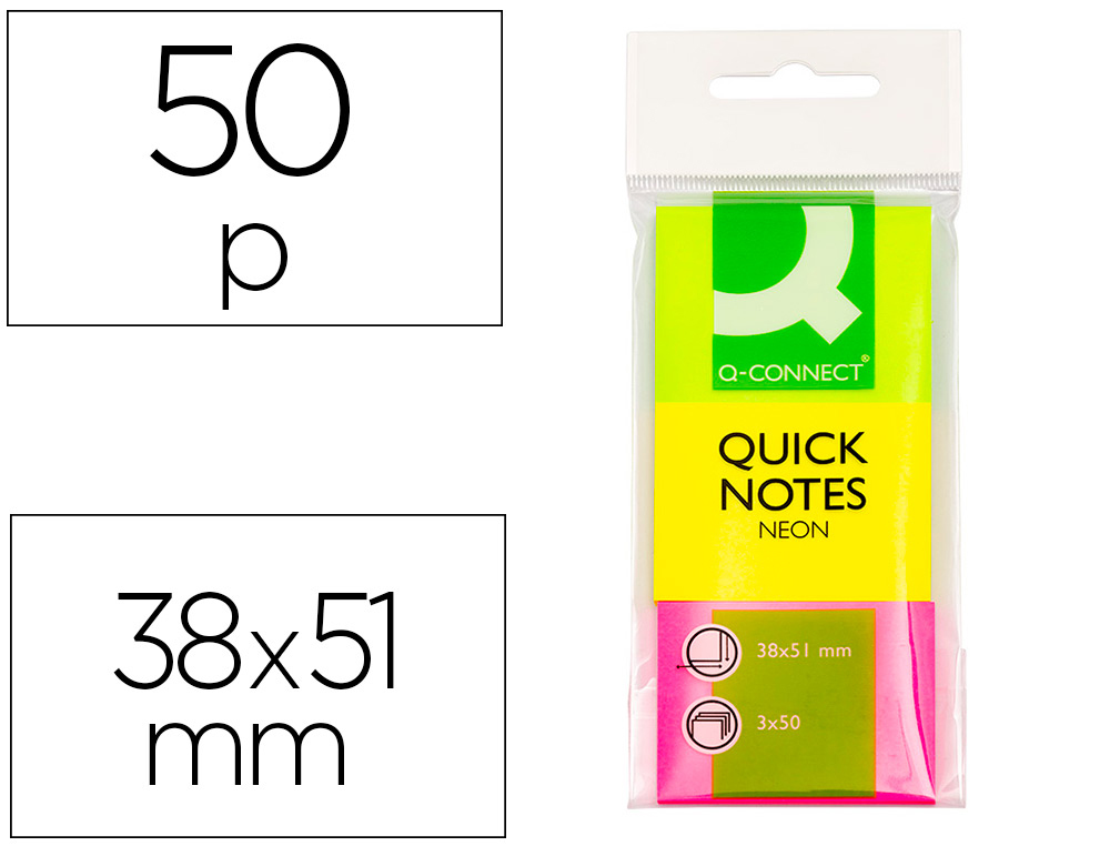 BLOC DE NOTAS ADHESIVAS QUITA Y PON Q-CONNECT 38X51 MM NEON PACK DE 3 UNIDADES CON 50 HOJAS POR COLOR