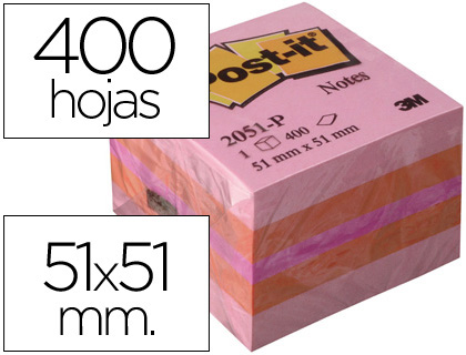 BLOC DE NOTAS ADHESIVAS QUITA Y PON POST-IT 51X51 MM MINICUBO COLOR ROSA 2051-P 400 HOJAS