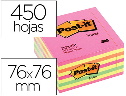 BLOC DE NOTAS ADHESIVAS QUITA Y PON POST-IT 76X76 MM CUBO COLOR ROSA NEON 450 HOJAS