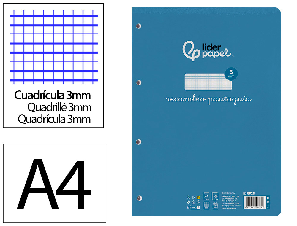 RECAMBIO LIDERPAPEL A4 PAUTAGUIA 100 HOJAS 75 G CUADRICULADO PAUTADO 3 MM CON MARGEN 4 TALADROS