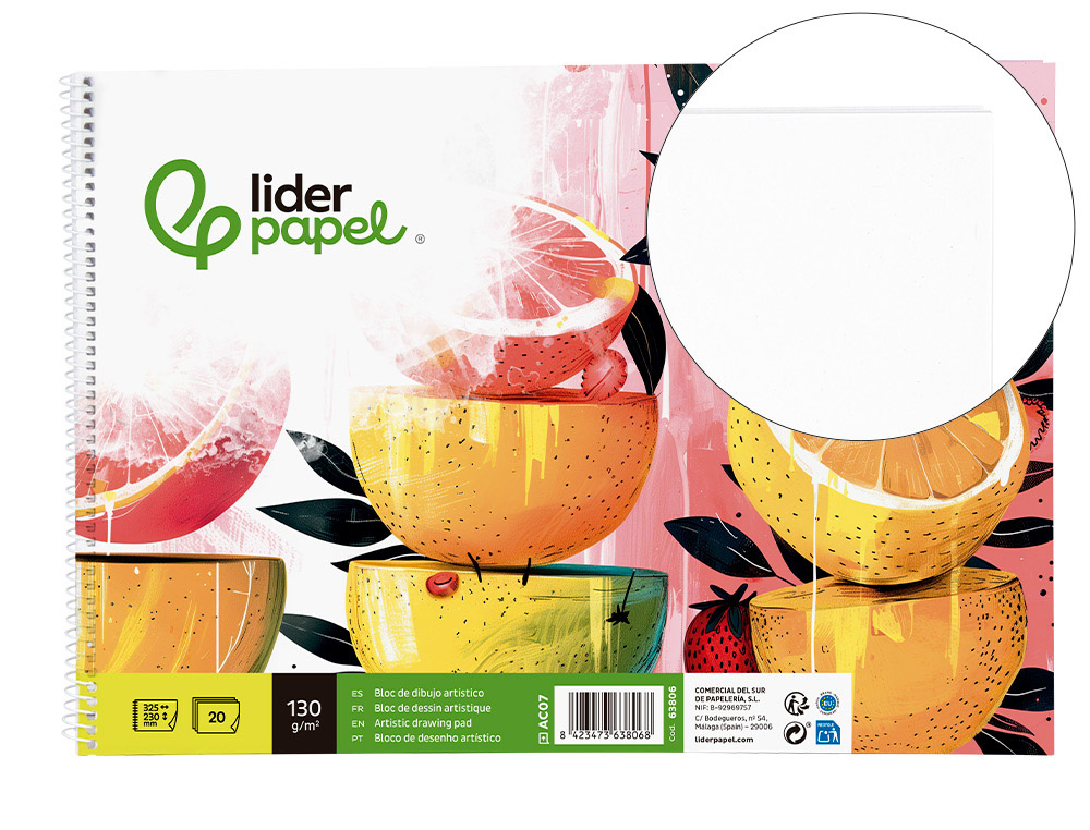 BLOC DIBUJO LIDERPAPEL ARTISTICO ESPIRAL 230X325MM 20 HOJAS 130G/M2 SIN RECUADRO SIN MICROPERFORADO