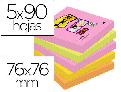 BLOC DE NOTAS ADHESIVAS QUITA Y PON POST-IT SUPER STICKY 76X76 MM CON 90 HOJAS PACK DE 5 BLOC COLORES SURTIDOS