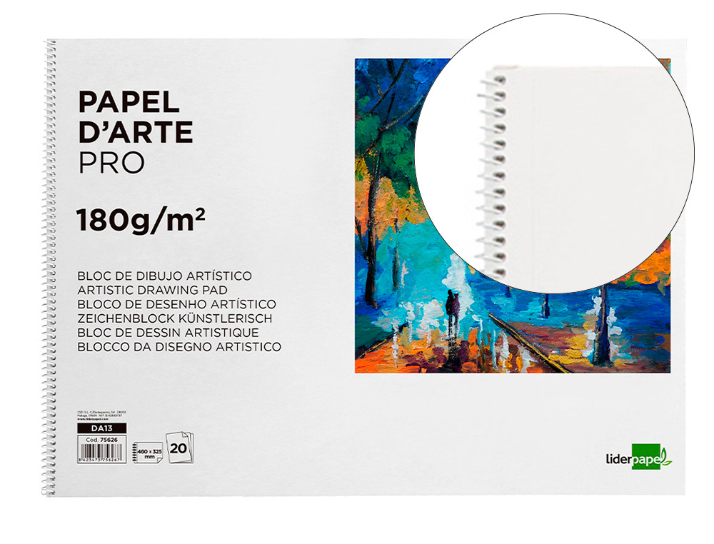 BLOC DIBUJO LIDERPAPEL ARTISTICO ESPIRAL 460X325MM 20 HOJAS 180GR/M2 SIN RECUADRO PERFORADO