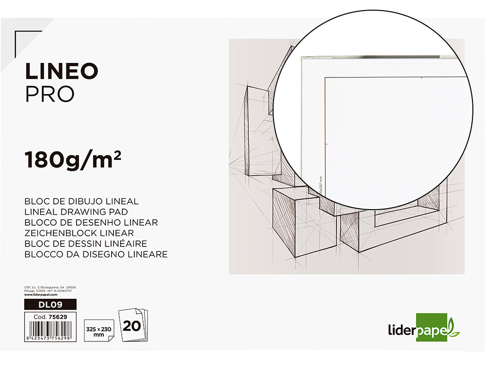 BLOC DIBUJO LIDERPAPEL LINEAL ENCOLADO 230X325MM 20 HOJAS 180 GR/M2 CON RECUADRO