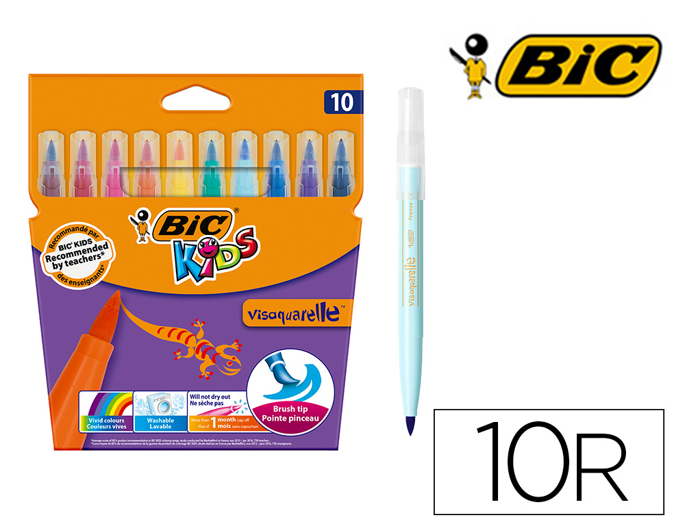 ROTULADOR BIC KIDS VISAQUARELLE ESTUCHE DE 10 COLORES PUNTA PINCEL TINTA BASE DE AGUA