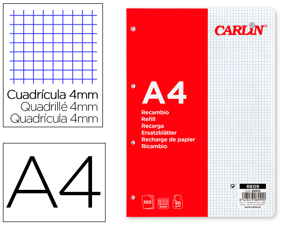 RECAMBIO CARLIN A4 100 HOJAS 90G/M2 CUADRO 4MM CON MARGEN 4 TALADROS