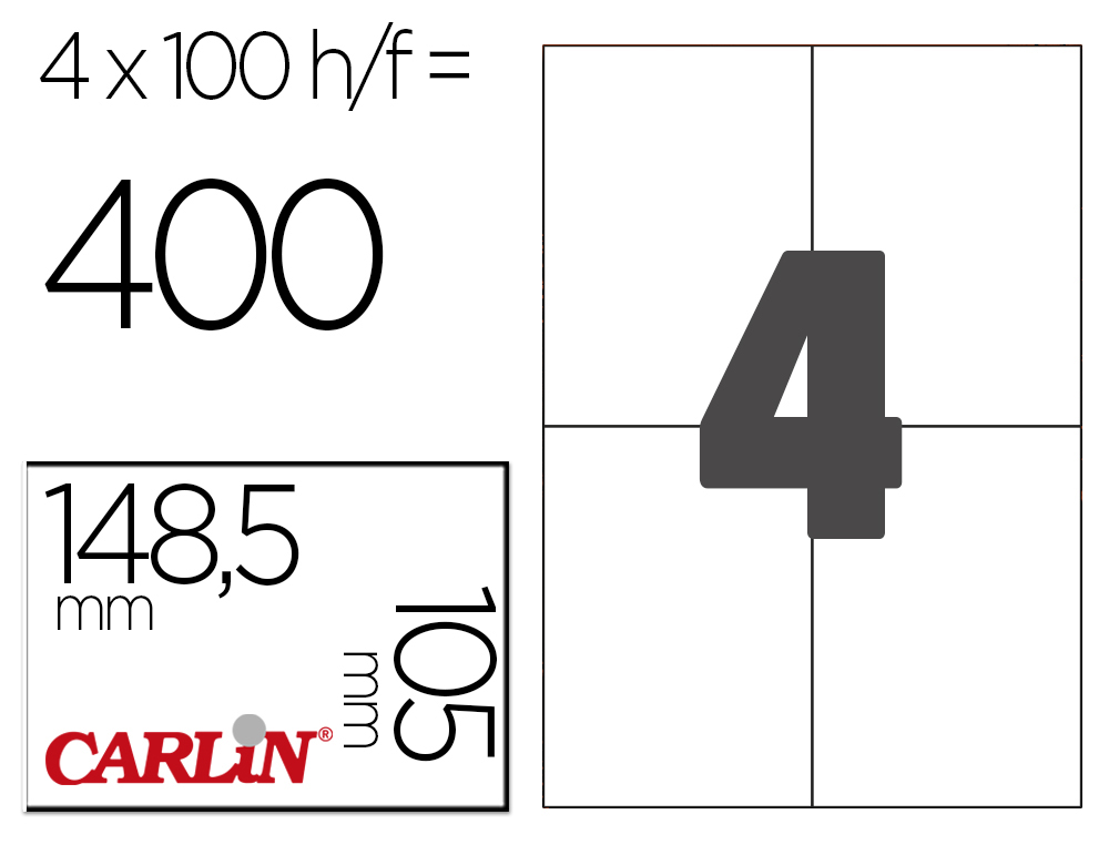 ETIQUETA ADHESIVA CARLIN 105X148 MM FOTOCOPIADORA LASER INK-JET CAJA DE 100 HOJAS DIN A4