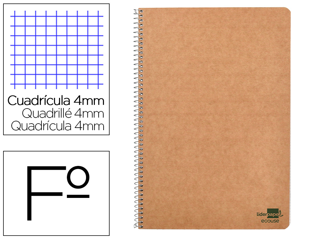 CUADERNO ESPIRAL LIDERPAPEL DIN A4 ECOUSE TAPA CARTULINA KRAFT 80H PAPEL RECICLADO 80 GR CUADRO 4 MM CON MARGEN